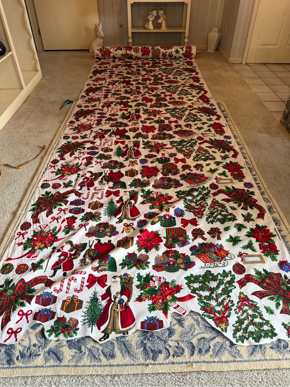 5 Yards Vintage-Style Christmas Holiday Fabric – Santa, Reindeer & Poinsettias